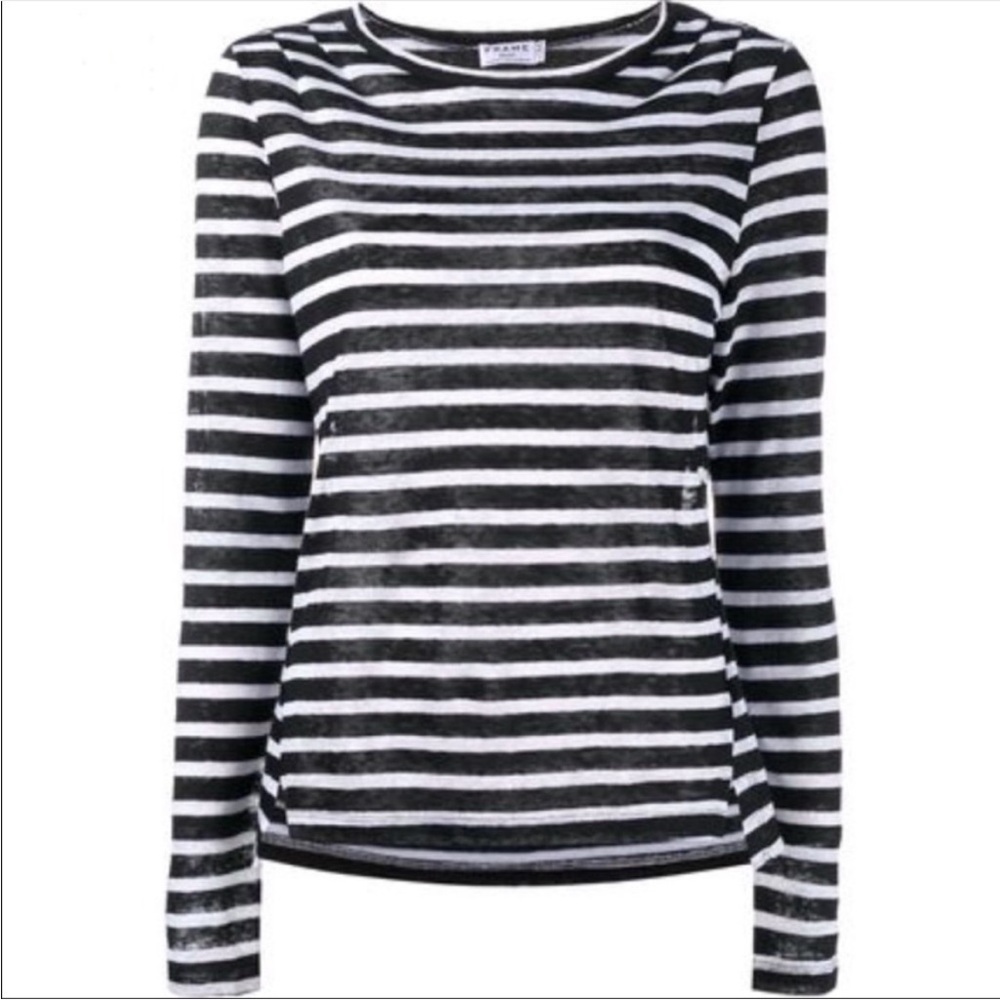 FRAME Pin Tuck Black and White Stripe Linen Long Sleeve Size Small